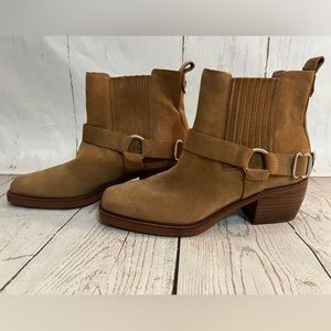 Sam Edelman Bellamie Leather Bootie Block Heel Harness Boots Camel Suede Size 7